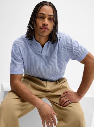 Djab Mens Pointelle stripe Johnny-collar polo