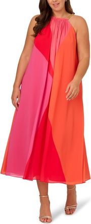 Adrianna Papell Chain Trim Colorblock Chiffon Midi Trapeze Dress in Red Multi at Nordstrom, Size 14W
