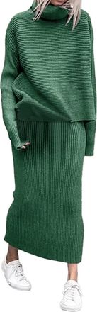 Generic Womens Knitted Dress Two Piece Suit Turtleneck Pullover Top and Knitted Skirt Pencil Skirt Elastic Bodycon 2-Piece Set Autumn Winter Elastic Bodycon M