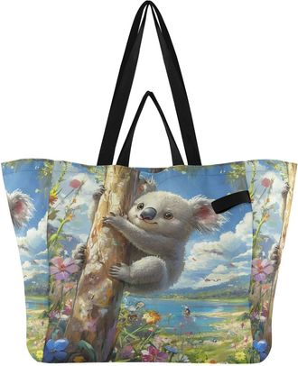 Generic Koala Tree Flowers Blue print Reusable Canvas Tote Bag, Heavy Duty Grocery Shopping Bag with Double Handles Large Capacity Hard Bottom Work Groceries 