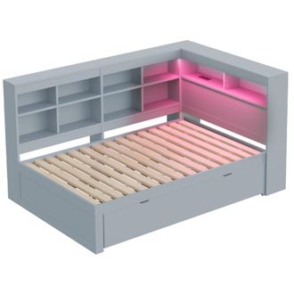 Urban Meuble Sof&aacute; cama doble de madera maciza gris con cajones y led