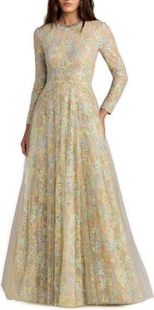 Mac Duggal Long Sleeve Embellished Lace A-Line Gown in Nude Multi at Nordstrom, Size 12