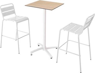 Oviala Mesa alta de roble natural y 2 taburetes altos blancos