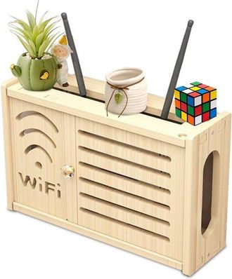 OEM Armario De Madera Para Router Wifi De 36x11,5x24 Cm, S&iacute;mbolo Wifi Y Panel Superior, Madera Natural Para M&oacute;dem, Equipos De Red Y Cables