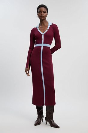 Karen Millen Womens Knit Rib With Contrast Waist Detail Collared Midi Dress - Burgundy Polyamide - Size X-Small
