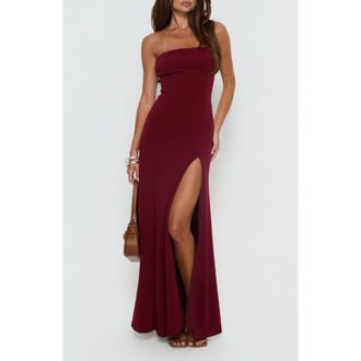 Princess Polly Diamanti High Slit Strapless Gown in Burgundy at Nordstrom, Size 10