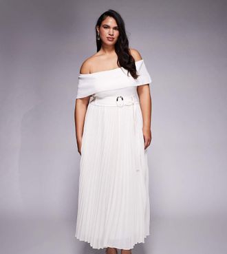 Forever New Vestito lungo in maglia color crema con gonna a pieghe, scollo alla Bardot e cintura-Bianco