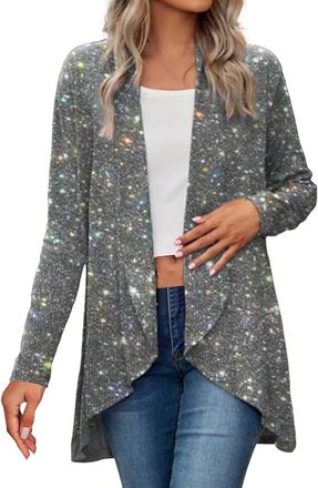 Generic Womens Sequin Jacket Sparkly Cardigans Glitter Open Front Jackets Long Sleeve Ladies Sparkly Tops High-Low Hem Cardigan Lightweight Clubbing Wedding S