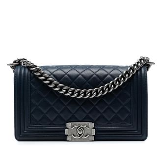 Chanel Pre-owned Womens Old Medium Quilted Lambskin Boy Flap - Dark Blue Leather - One Size