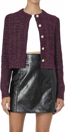 French Connection Lurex Tweed Knit Cardigan In Burgundy Red