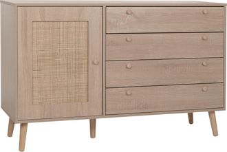 Hhg Hhg - Nunca Usado] Aparador 221, Mueble Cajonera Highboard, Cajones Compartimento De Almacenamiento, Kubu Rat&aacute;n Madera Melamina, Aspecto Roble