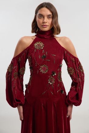 Karen Millen Womens Velvet Cold Shoulder 3D Floral Applique Woven Maxi Dress - Rust - Size 10 UK