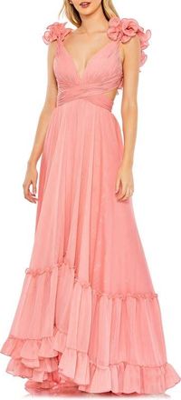 Mac Duggal Ruffle Sleeve V Neck A Line Gown in Coral at Nordstrom, Size 12