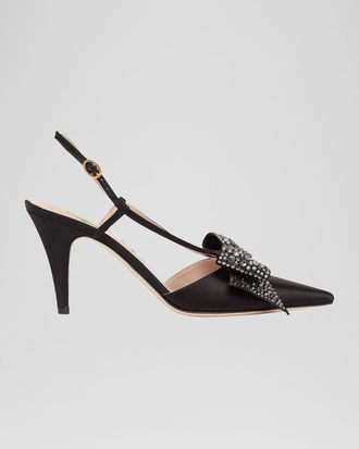 Valentino Garavani 85mm Bowow Embellished Satin Slingback Pumps