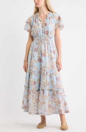 Treasure & Bond Tie Neck Maxi Dress in Blue Paisly Bloom at Nordstrom, Size Xx-Small