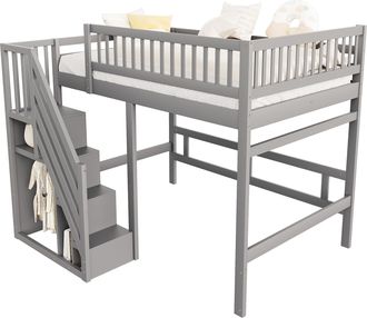 STILVORA Cama Alta 140 X 200 Cm, Cama Doble Con Escalera De Almacenaje Y Barandilla, Sin Colchon, Gris