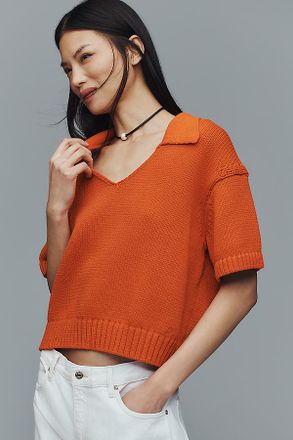 Maeve Collared V-Neck Ribbed Hem Short-Sleeve Sweater
