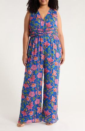 Sugarlips Wendey Metallic Stripe Floral Sleeveless Jumpsuit in Blue-Mult at Nordstrom, Size 1 X