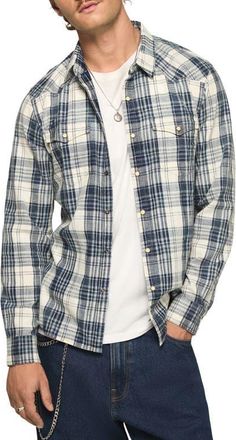 Lucky Brand Plaid Cotton Twill Snap-Up Western Shirt in Indigo Multi at Nordstrom, Size Xx-Large