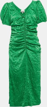Ganni Ganni Green Crinkled Satin Ruche Detail Midi Dress