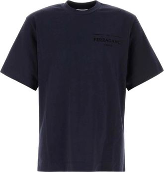 Ferragamo Tops, Heren, Blauw, M, Katoen, T-shirt met opgedrukte logo