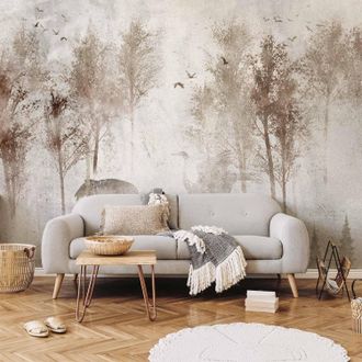 OEM Sfondo Fotografico - Tra Gli Alberi - Un Paesaggio Nei Toni Del Grigio Nella Nebbia In Una Radura Con Uccelli