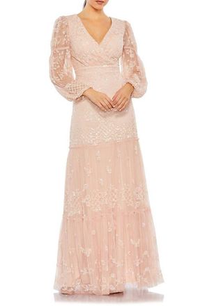 Mac Duggal Sequined Tiered Wrap Over Puff Sleeve Gown in Blush at Nordstrom, Size 16