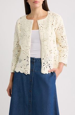 Anne Klein Openwork Floral Cotton Cardigan in White Dove at Nordstrom, Size Xx-Small