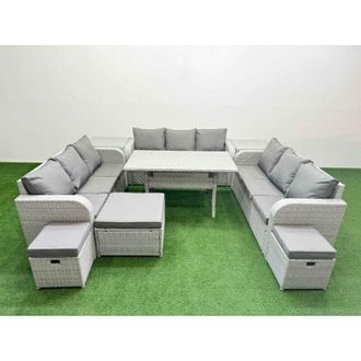 Fimous Pe Rattan Lounge Sofa Set 12 Seater Outdoor Garden Furniture Set with Rectangular Dining Table 3 Seater Sofa 3 Stools 2 Side Table Light Grey - Fimous