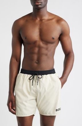 BOSS Starfish Graphic Logo Swim Trunks in Open White at Nordstrom, Size Xx-Large