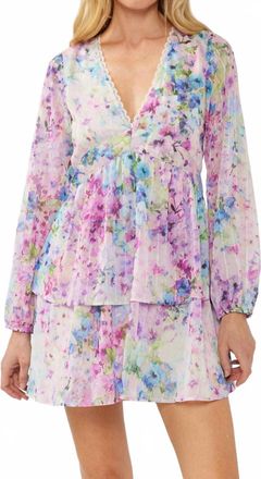 Lovestitch Watercolor Flower V-Neck Tiered Mini Dress In Light Pink Purple