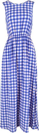 Diane Von F&uuml;rstenberg Check Print Sleeveless Cinched Waist Maxi Dress in Blue Silk
