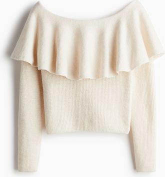 H&M Schulterfreier Pullover mit Volant - Cremefarben