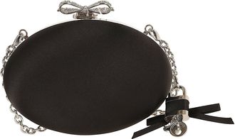 Self Portrait Black Satin Oval Crystal Bow Snap Clutch