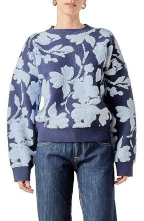 English Factory Fuzzy Flower Sweater in Navy/Powder Blue at Nordstrom, Size X-Small