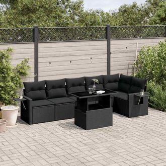 vidaXL Set De Sof&aacute;s De Jard&iacute;n 7 Pzas Con Cojines Rat&aacute;n Sint&eacute;tico Negro Vidaxl