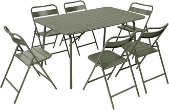Sweeek Set mesa de jard&iacute;n plegable de metal con 6 asientos, verde kaki