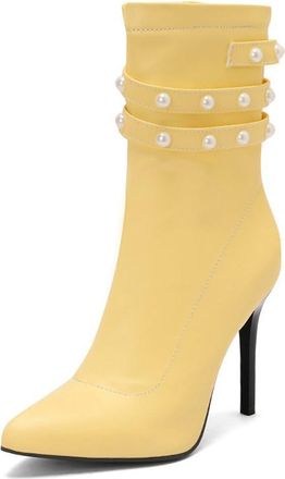 Generic Womens Fashion Pointed Toe Dressy Ankle Boots Zipper Stiletto High Heels Pearls Elegant Pumps Shoes for Party Wedding (Yellow,7.5)