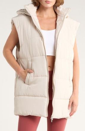 Zella Hooded Long Quilted Vest in Grey Moonbeam at Nordstrom Rack, Size Medium