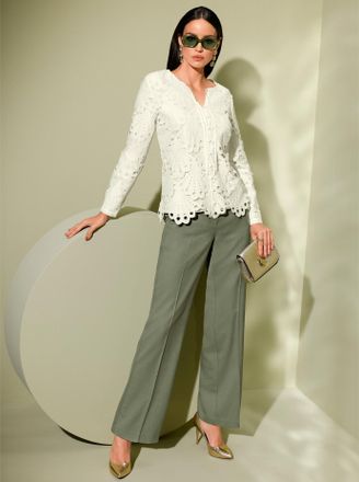 Cr&eacute;ation L Spitzenbluse CREATION L, Damen, Gr. 36, beige (ecru), 100% Polyester, unifarben, Rundhals, Blusen Spitzenbluse