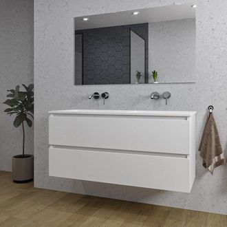 Saniclass Chaci Badkamermeubelset - 120x46x55cm - keramische wastafel wit - 2 wasbakken - zonder kraangaten - 2 lades - rechthoekige spiegel - mat wit