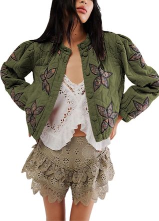 Generic Womens Cropped Puffer Jacket Lightweight Flower Embroidery Quilted Outerwear Coats (Armygreen,M)
