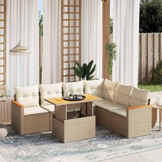 vidaXL Vidaxl - Set Sof&aacute;s De Jard&iacute;n 7 Piezas Y Cojines Rat&aacute;n Sint&eacute;tico Beige