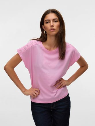 Vero Moda Kurzarmshirt VERO MODA VMEMMY SS LACE TAPE TOP JRS GA NOOS, Damen, Gr. XS, rosa (bonbon), Jersey, Obermaterial: 100% Baumwolle, unifarben, regular fit