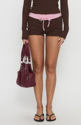 Princess Polly Baseline Ribbed Stretch Cotton Micro Shorts in Brown /Pink at Nordstrom, Size 10