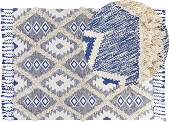 Beliani Alfombra De Algod&oacute;n Beige Claro Azul 140 X 200 Cm A Mano Geom&eacute;trico Borlas Manavgat