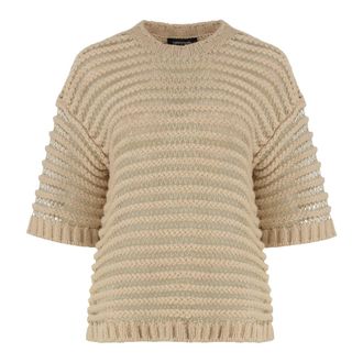Fabiana Filippi Lurex Wollen Trui met Geribbelde Randen - Dames - Ronde hals truien - Beige - XS - Wol - Truien & Vesten