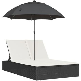 vidaXL Vidaxl - Tumbona Doble Con Cojines Y Sombrilla Rat&aacute;n Sint&eacute;tico Negro