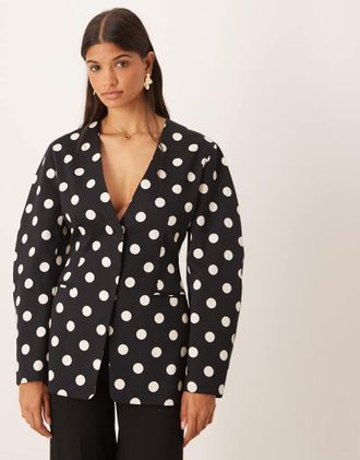 Asos Blazer stretto in vita senza colletto a pois in coordinato-Multicolore