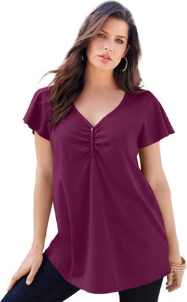 Roaman's Plus Size Cotton Ultimate Flutter Sleeve Sweetheart Tee in Dark Berry at Nordstrom, Size 28
